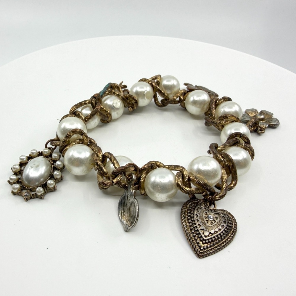 Chunky Gold Tone Faux Pearl Charm Bracelet - Romantic Jewelry Gift
